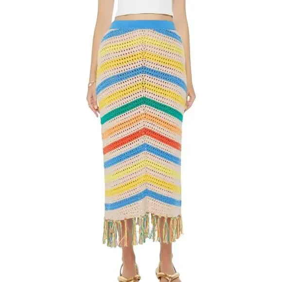 Mother Candy Stripe Cinch Tank Halter Top Fringe Midi Skirt Set size S NEW Tags - Picture 3 of 16